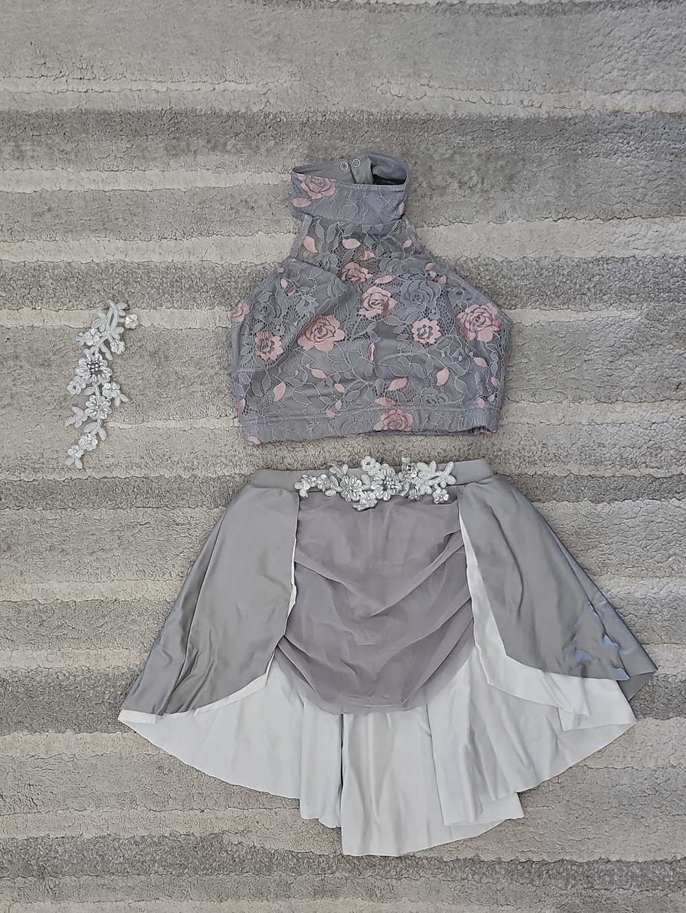 Weissman Gray and Pink Floral Lace Halter Dance Two-Piece Set